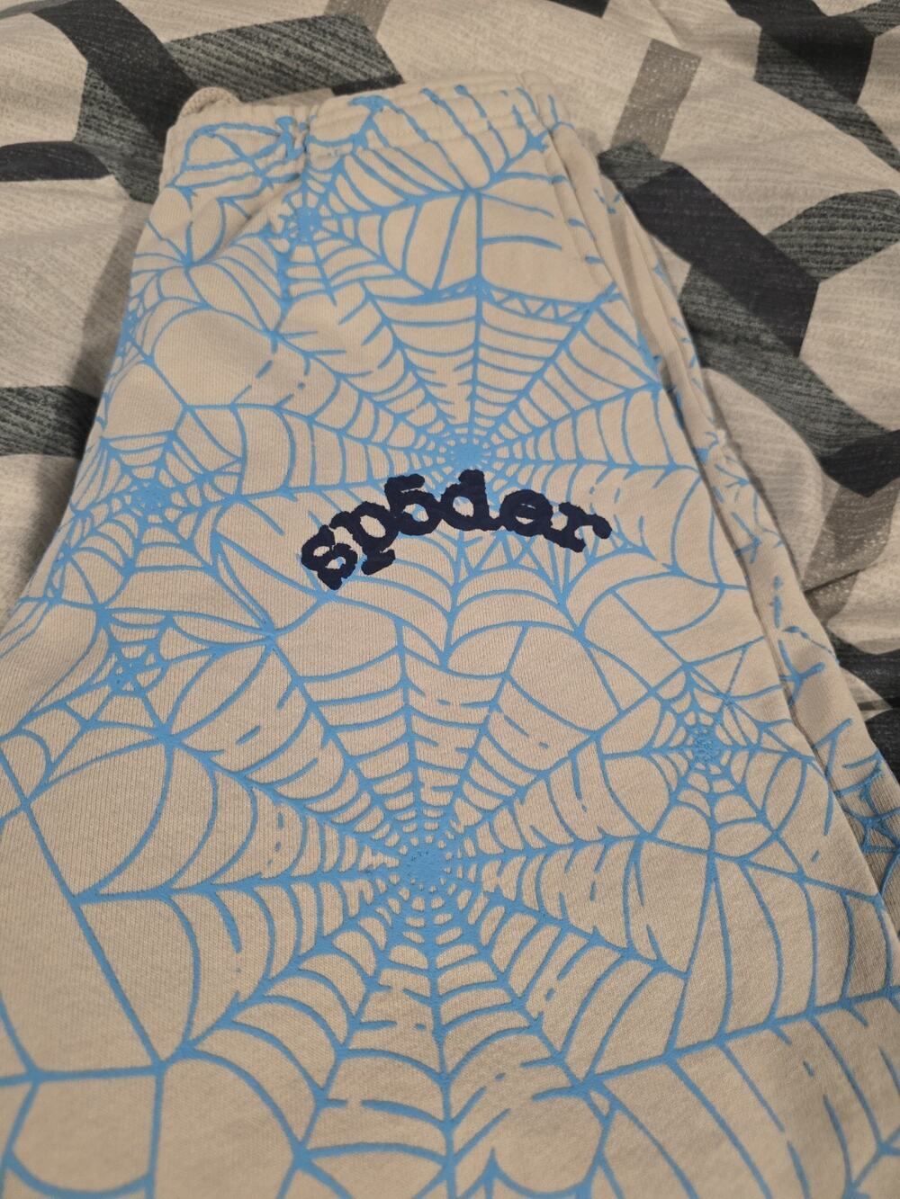 sp5der Beige/Blue Spiderweb Fleece Jogger Pants Drawstring Size M